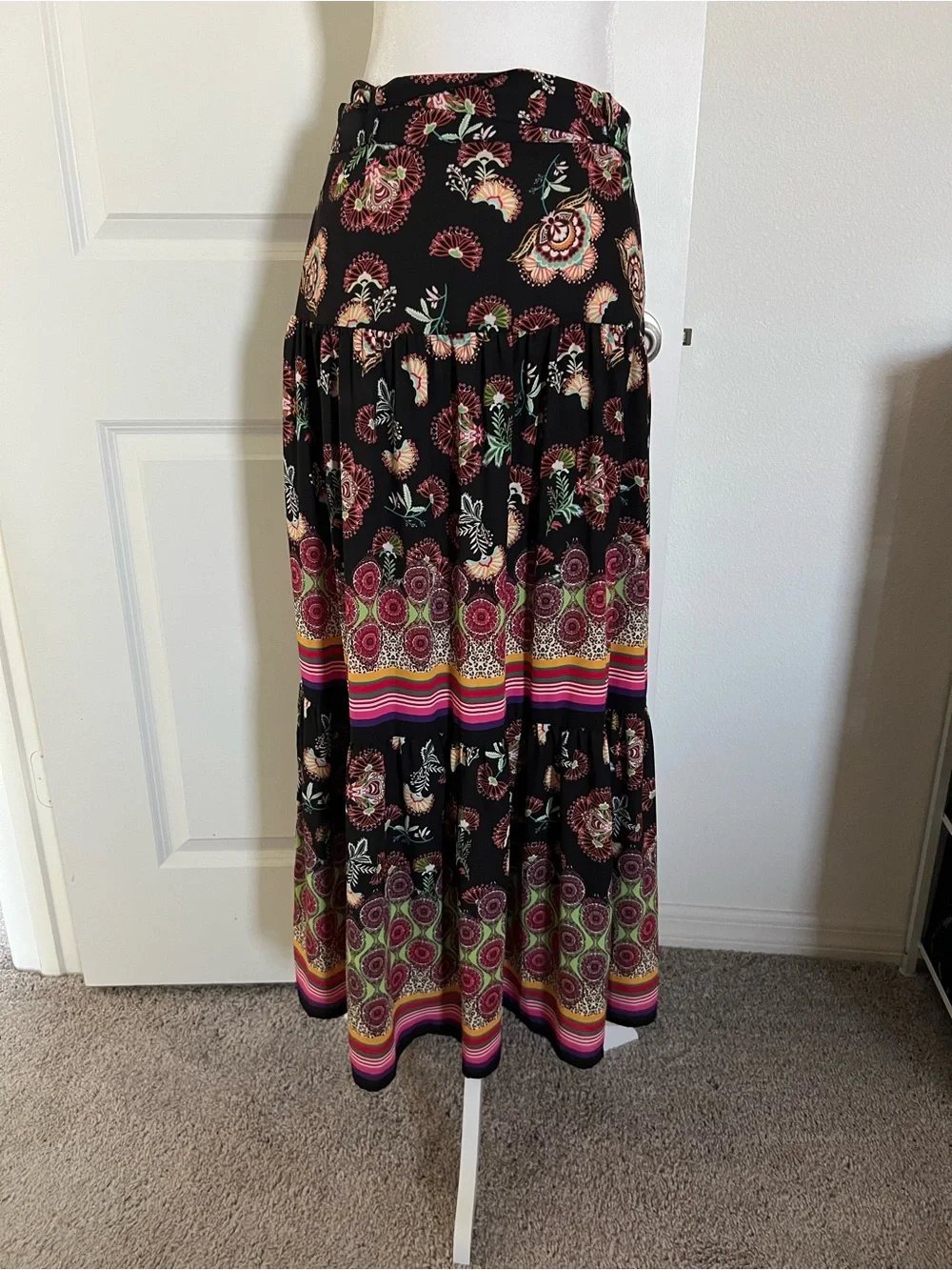 EUC Bohemian Tiered Maxi Skirt in Black with Multicolor Floral Print 4